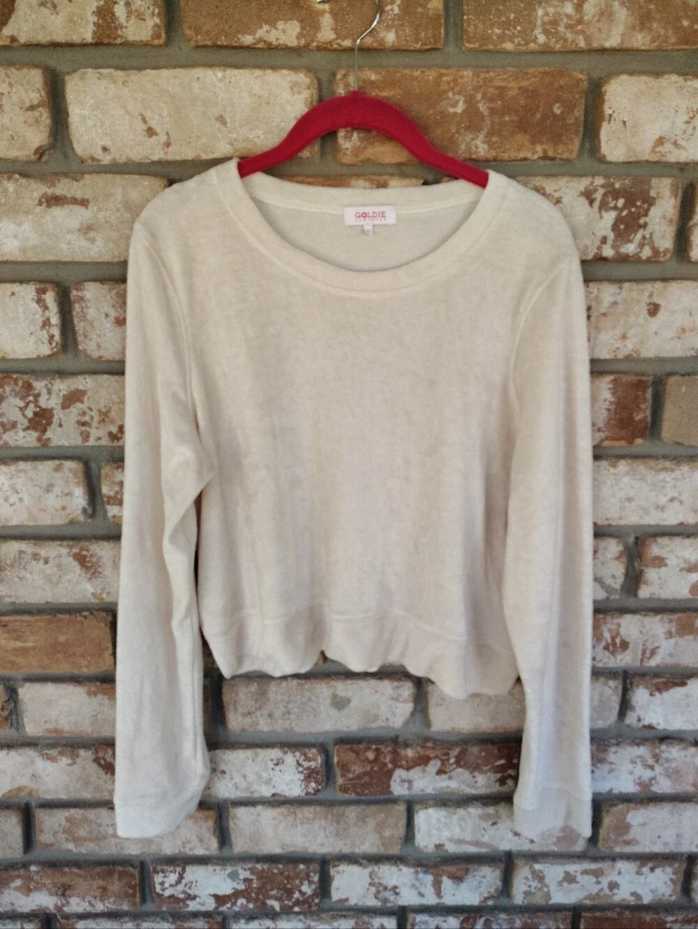 Goldie LeWinter Off White Velour Cropped Long Sleeve Top Sweatshirt Sz L